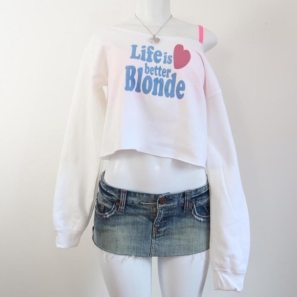 Tops - y2k life is better blonde graphic off shoulder cropped sweatshirt mcbling